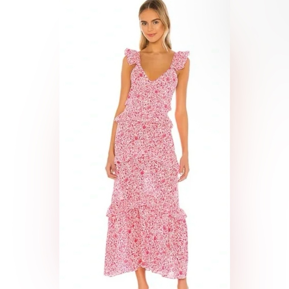 NWT MISA Los Angeles Morrison Dress | Pink Floral Ruffle Maxi | Size M